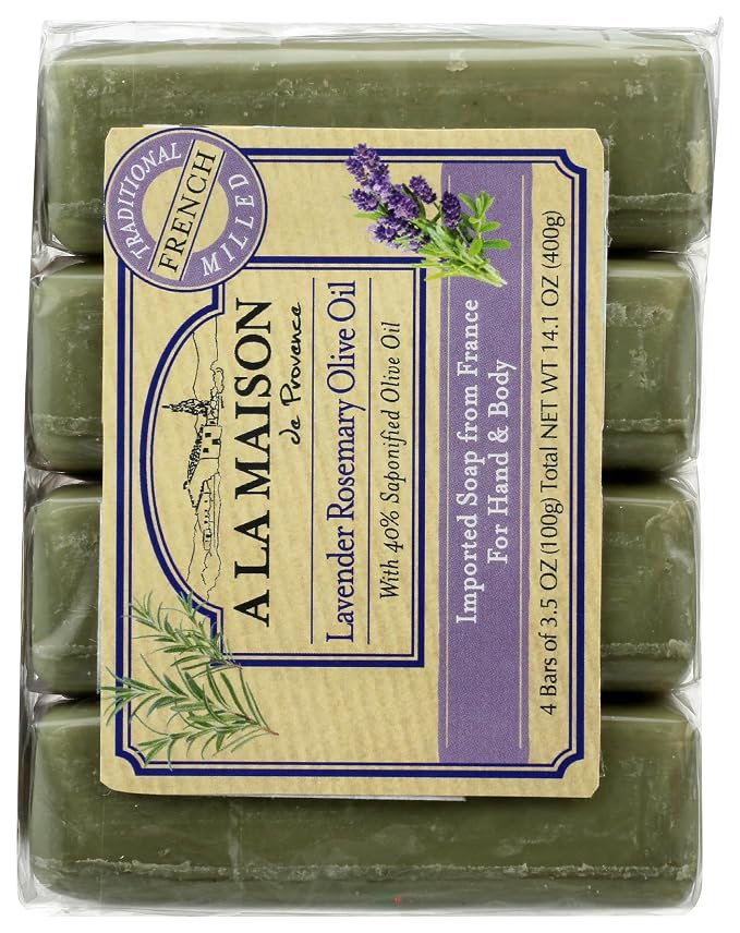A LA MAISON Lavender Rosemary Olive Oil Bar Soap - Triple French Milled Natural Moisturizing Hand Soap Bar (4 Bars of Soap, 3.5 oz)