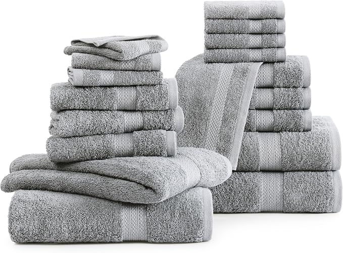 LANE LINEN 100% Cotton Towel Set for Bathroom - 18 Piece - Super Soft, Quick Dry & Highly Absorbent - 4 Bath, 8 Wash Cloth, 6 Hand Towels - Turkish Quality, Durable & Easy Care - Space Grey