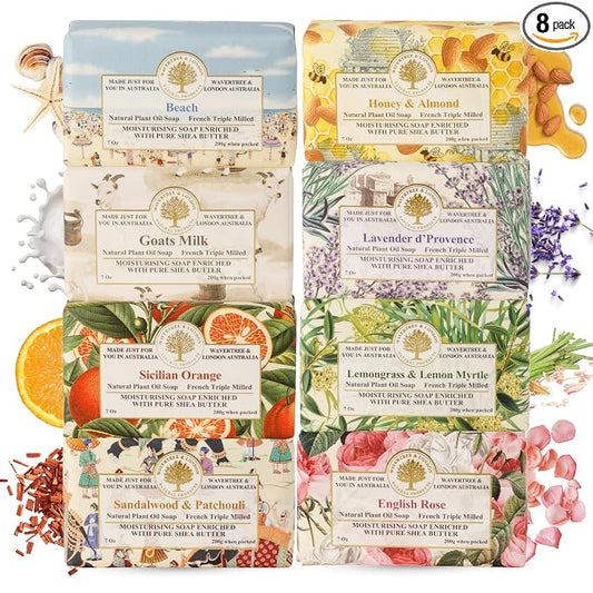 Wavertree & London Assorted Favorites 8 Bars Scented Natural Soap Bars, 7oz Each Moisturizing French Triple Milled Soap Bars Enriched with Shea Butter and Pure Plant Oils | All Body & Bath Soap