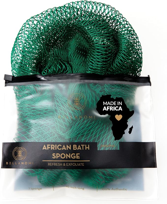 BELLANOMI African Exfoliating Net Sponge, Authentic, Ethically sourced from Nigeria, 45 inches Long, Back Scrubber for Daily use (Emerald Green)