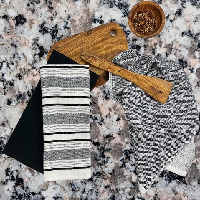 Black White Kitchen Hand Dish Towels: Oversized 28" x 16",100% Cotton Cloth Soft Cleaning Drying Absorbent Striped Solid Polka Dot Design, Set of 3 Multipurpose for Everyday Use (Black Austin)