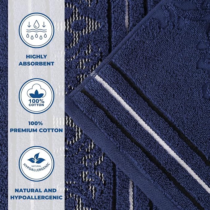 Superior Cotton Hand Towel Set, Small Towels, Plush Soft Absorbent Bathroom Basics, Home Essentials, Spa, Salon, Hotel, Kitchen, Luxury Quick Drying, Zero Twist Assorted Floral Set of 6, Navy Blue