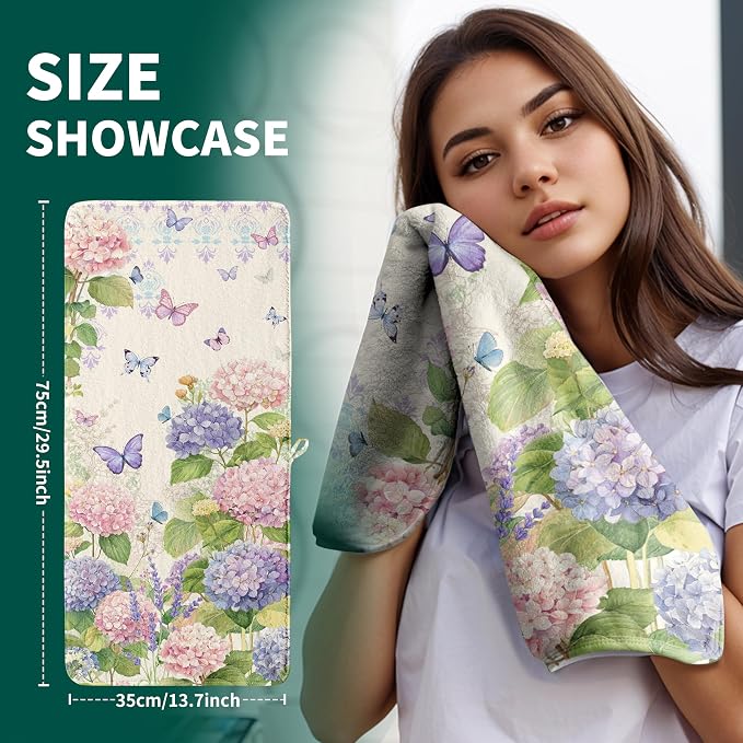 Vintage Hydrangea Flower Hand Towel High Absorbent Pattern Fleece Bathroom Towels Set of 2