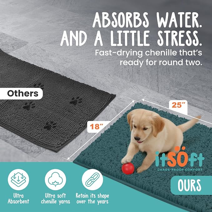 Dog Rugs for Muddy Paws 25x18 | Cleaner Mud Free Floors | Muddy Dogs Mats for Indoor, Dog Mat for Muddy Paws Door Mat Washable, Absorbent Chenille Mud Room Rug Paw Matt w/ Non Slip Backing, Teal