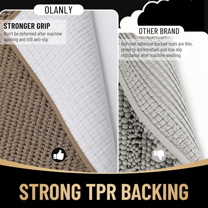 OLANLY Thick Bathroom Runner Rugs 44x24, Extra Soft Absorbent Chenille Bath Rugs, Rubber Backing, Machine Wash Dry, Long Bath Mats for Bathroom Floor, Tub and Shower, Home Decor Accessories, Tan