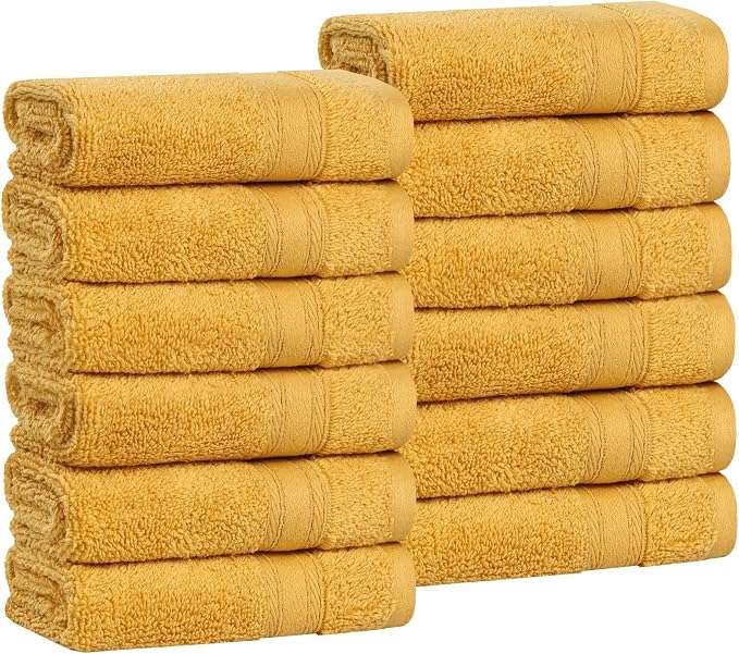 Superior Belmont Zero Twist Cotton Medium Weight Small Towels, for Kitchen, Bathroom, Shower, Spa, Plush, Quick Dry, Ultra-Soft Essentials, Thick Border, Face Towels Washcloths, Set of 12, Gold