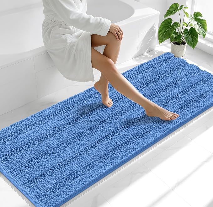 Smiry Thick Chenille Bathroom Runner Rugs 70x24, Absorbent Striped Bath Mat, Machine Washable, Rubber Backing, Extra Long Bath Rugs for Tub & Shower, Modern Home Decor Accessories, Cornflower Blue