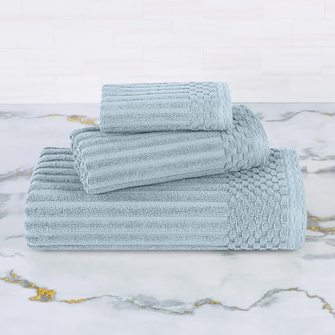 Superior 3 Piece Cotton Towel Set, Includes 1 Bath, 1 Hand, 1 Face Towel/Washcloth, Daily Use for Bathroom, Guest Bath, Quick Dry, Ribbed, Absorbent, Essentials, Soho Collection, Slate Blue