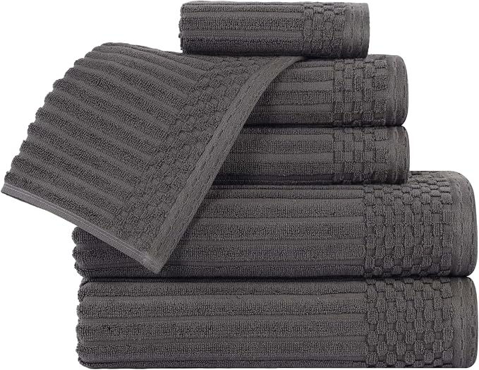 Superior 6 Piece Cotton Towel Set, Includes 2 Bath Towels, 2 Hand Towels, 2 Face Towel/Washcloths, Daily Use for Bathroom, Guest Bath, Ribbed, Absorbent, Home Essentials, Soho Collection, Charcoal