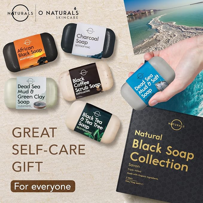 O NATURALS 100% Natural Bar Soap - Gift Set - Organic Ingredients & Essential Oils - Spa Gifts for Women & Men, Body Wash & Face Soap - 6PC Black Soap Collection - Mothers Days Gifts