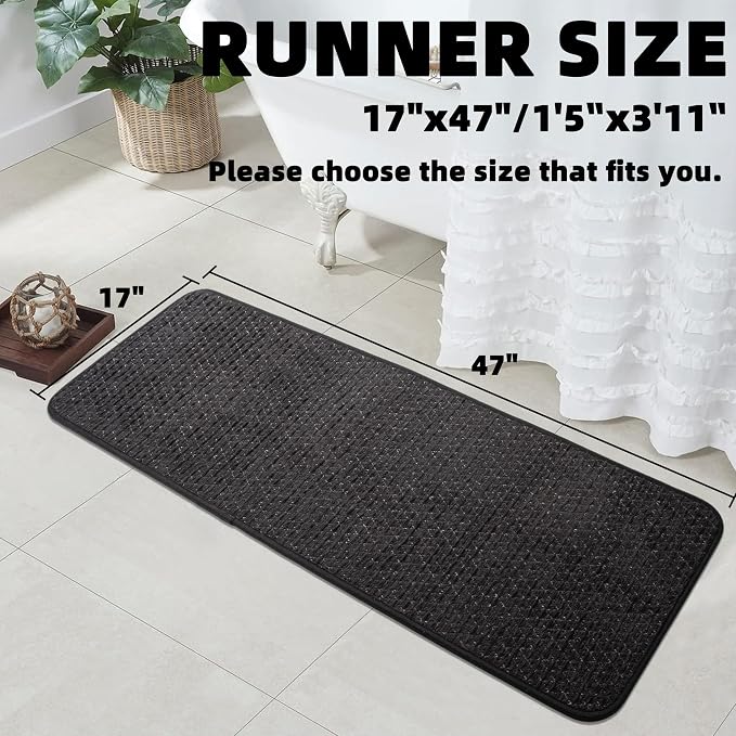 Black Bathroom Runner Rugs Non Slip Absorbent Quick Dry Thin Bath Mat with Rubber Backing, Shower Mats Fit Under Door Floor Bathtub, Easy Care, Machine Washable, 17"x 47", Black