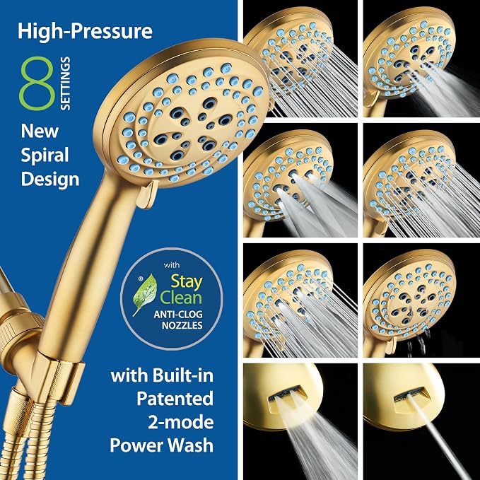 AquaCare Seen-On-TV High Pressure 8-mode Handheld Shower Head - 2-mode Power Wash to Clean Tub, Tile & Pets, Stay-Clean Nozzles, Extra Long 6 ft. Stainless Steel Hose, Wall & Overhead Brackets, Gold