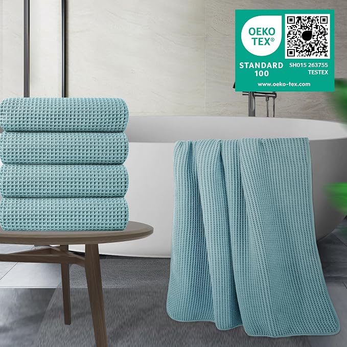 POLYTE 430 GSM Microfiber Oversize Quick Dry Lint Free Bath Towel, 60 x 30 in, 4 Pack (Waffle Weave)