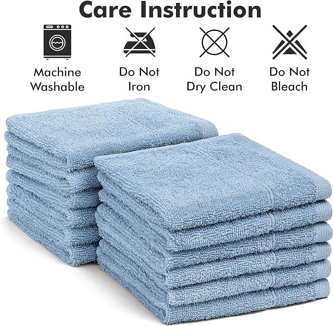 Face Towels Pack of 12 – 100% Cotton Wash Cloths (12x12 inch) – 550 GSM Soft, Quick Dry & Highly Absorbent Ring Spun Cotton Towels for Bathroom, Spa, Gym, Kitchen and for Daily Use - (Sky Blue)