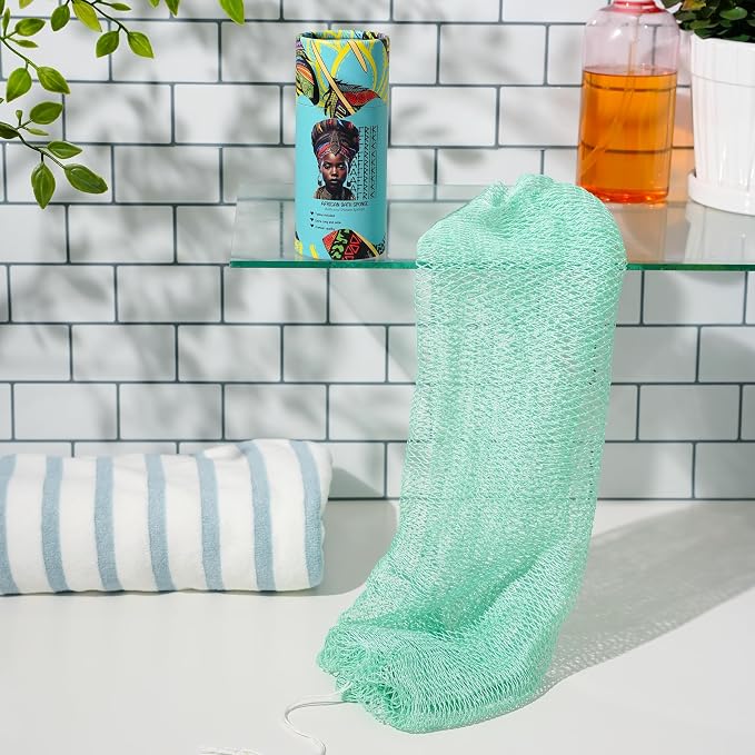 African Net Sponge, Premium Authentic Exfoliating Body Scrubber, Extra Long Stretch Bath Sponge for Shower, Deep Exfoliating Washcloth for Smooth Skin, 1 Pack (Seafoam)