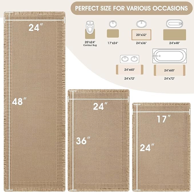 Upgraded Waffle Bath Mat Set 3 Piece Beige-Bordered, Super Absorbent Non-Slip Quick Dry Bathroom Rugs with Tassels, Machine Washable Ultra Soft Boho Bath Rugs for Floor, Bath Mats Boho Farmhouse Decor