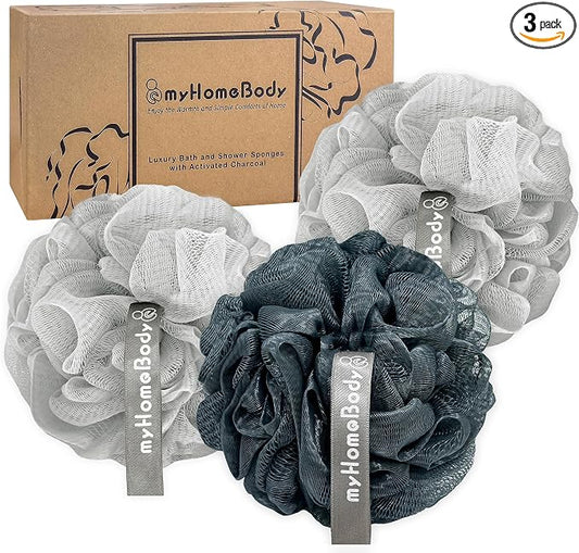 myHomeBody 60g Loofah Sponge, 2 Fog Gray + 1 Midnight Blue, 3 Pack | Exfoliating Shower Pouf with Activated Charcoal, Bath Body Scrubber for Women, Men, Shower Loofah, Body Wash, Loofah Sponge