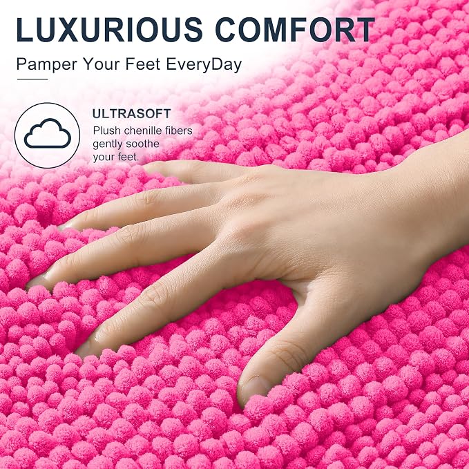 Smiry Thick Small Chenille Bathroom Rugs 24x16, Extra Soft Absorbent Striped Bath Mat, Machine Washable, Rubber Backing, Bath Rugs for Bathroom, Tub & Shower, Home Decor Accessories, Hot Pink