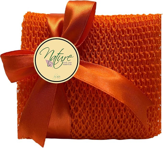 Net Bath Sponge, Ghana N1 Weave, Long, Skin Exfoliation, African, Porous, Stretches Horizontally to Approximately 49" (Orange).