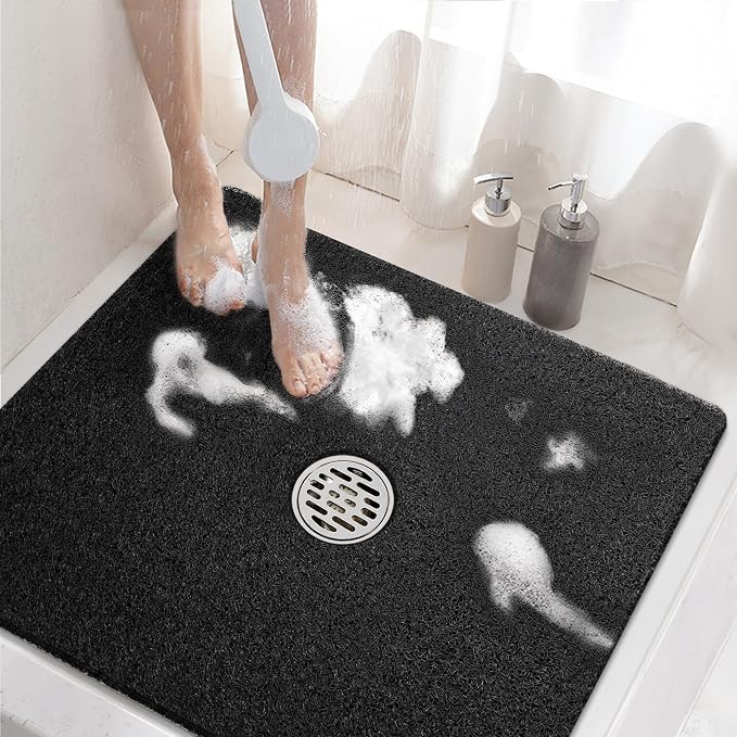 HITSLAM Square Shower Mat, 24 x 24 Inch Non Slip Bath Mat for Tub, Soft PVC Loofah Bathtub Mats with Drain Holes, Quick Drying Bathroom Stall Floor Mat, Bathroom Accessories Without Suction Cup, Black