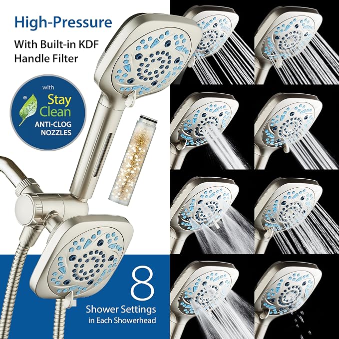 6-way High Pressure 82 Spray Mode Filtered Showerhead Combo - Handheld Shower Head Filters Chlorine to Heal Dry Skin, Revive Hair - Dual Power Wash Cleans Tub, Tile, Pets - Hard Water Softener, Nickel
