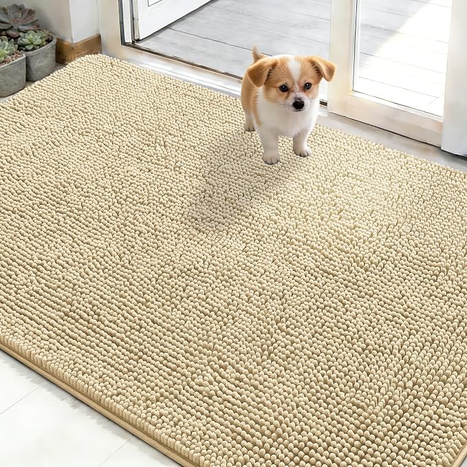 OLANLY Dog Door Mat for Muddy Paws 50x30, Absorbs Moisture and Dirt, Absorbent Non-Slip Washable Doormat, Quick Dry Chenille Mud Mat for Dogs, Entry Indoor Entryway Carpet for Inside Floor, Sand