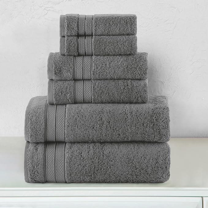 Elegant Comfort Luxury 6-Piece Towel Set, Premium Soft 100% Turkish Cotton, Three Line Popcorn Design 2 Bath Towels, 2 Hand Towels and 2 Washcloths Towel Set- Quick-Drying and Absorbent, Charcoal Gray