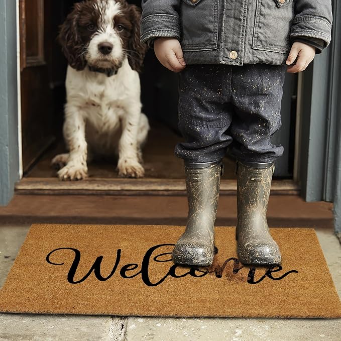 Croft&Cane Welcome Doormat – Non Slip Natural Coco Coir Door Mat - Low Profile Vinyl Backed Front Doormat - Indoor Outdoor Entryway Rug - 17 x 30 Inches
