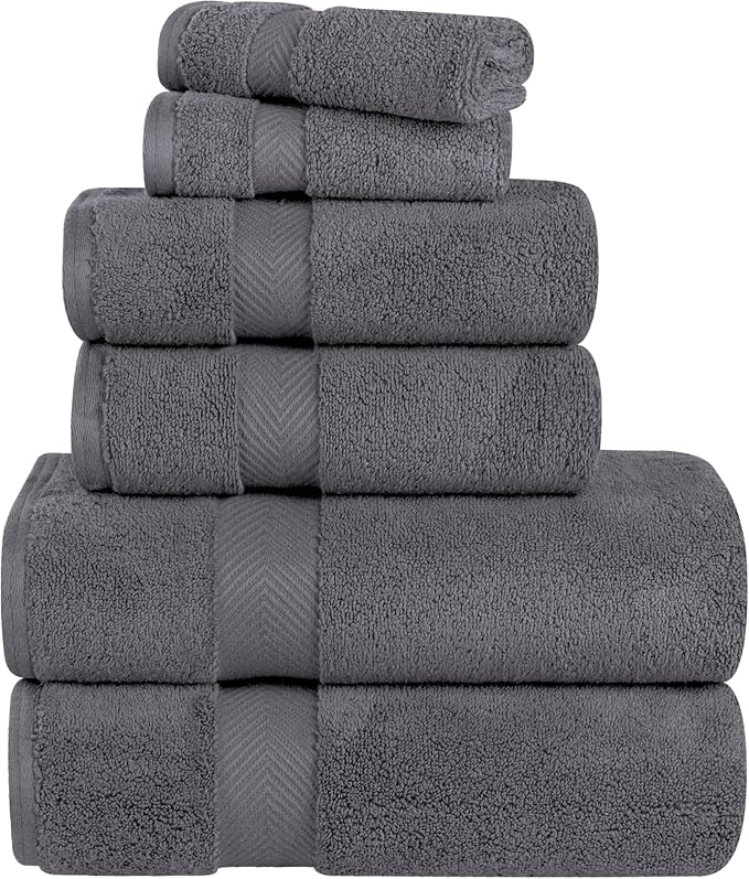 Superior Zero Twist 100% Cotton Bathroom Towels, Super Soft, Fluffy, and Absorbent, Premium Quality 6 Piece Towel Set with 2 Washcloths, 2 Hand Towels, and 2 Bath Towels, Grey