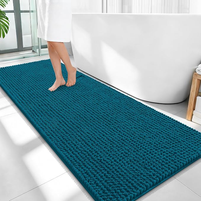 OLANLY Thick Bathroom Runner Rugs 59x24, Extra Soft Absorbent Chenille Bath Rugs, Rubber Backing, Machine Wash Dry, Long Bath Mats for Bathroom, Tub and Shower, Home Decor Accessories, Peacock Blue
