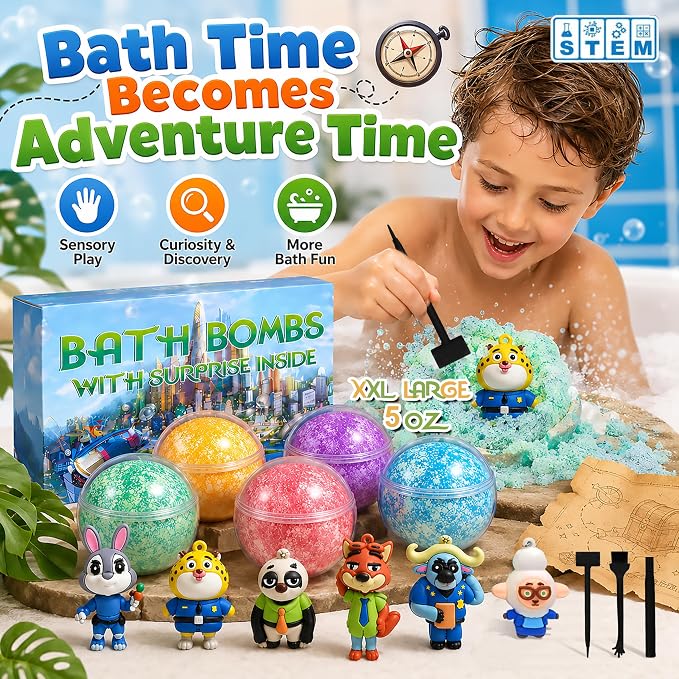 Bath Bombs for Kids: 3 in 1 Zoo City Dig a Bath Bombs with Toys Inside, Organic Bath Bomb Rich in Natural Essential Oils, Kids Bath Bomb for Dry Skin Moisturize, Summer Party Favors for Kids (6 Pcs)