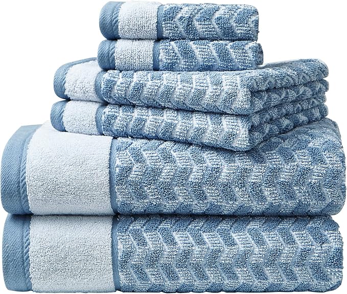 Nautica - Bath Towel Set, Cotton Bath, Hand & Washcloths, Plush, Absorbent & Quick-Dry, Chevron Print, Americana Decor, Set of 6, Zane Blue