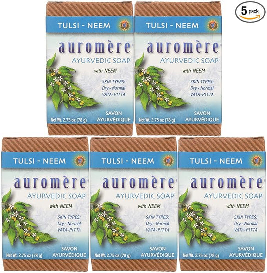 Auromere Ayurvedic Bar Soap, Tulsi Neem - Eco Friendly, Handmade, Vegan, Cruelty Free, Natural, Non GMO (2.75 oz), 5 pack