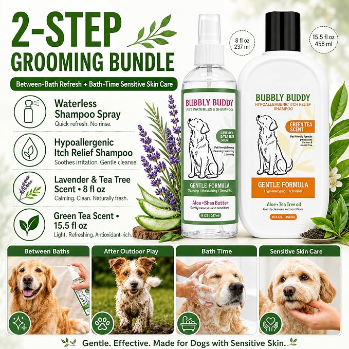 Dog Shampoo Set, Waterless Dog Shampoo Spray 8 oz Lavender & Tea Tree Scent + Hypoallergenic Itch Relief Shampoo 15.5 oz Green Tea Scent, No Rinse Dog Shampoo & Sensitive Skin Care Set
