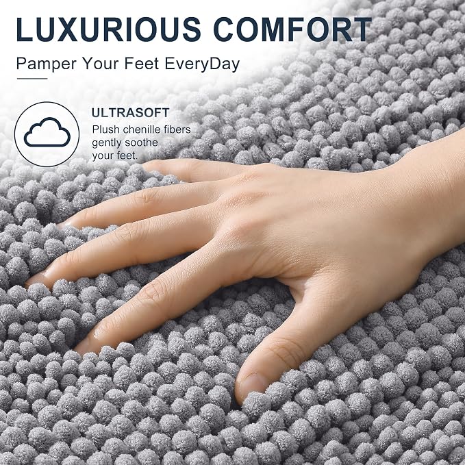 Smiry Thick Chenille Bathroom Runner Rugs 47x24, Extra Absorbent Striped Bath Mat, Machine Washable, Rubber Backing, Long Bath Rugs for Tub & Shower, Modern Home Decor Accessories, Grey