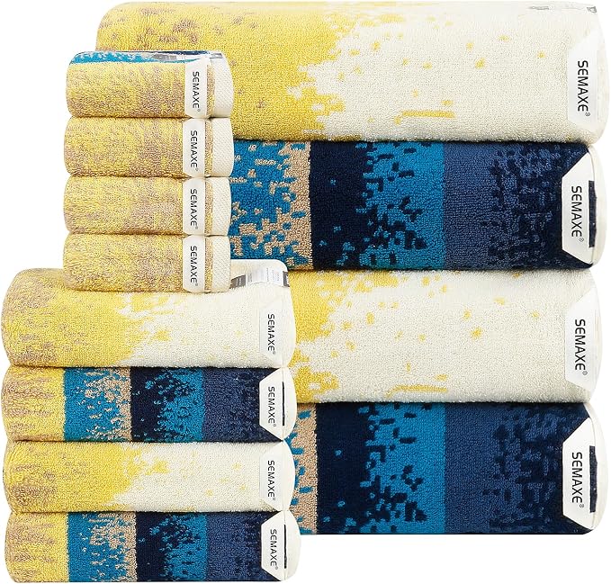 12-Piece Cotton Bath Towel Set for Bathroom, Hanging Loops, Coastal Ombre | Balanced towel set for family showers, sink-side use, guest baths, and wash-day rotation, OEKO-TEX certified, easy care