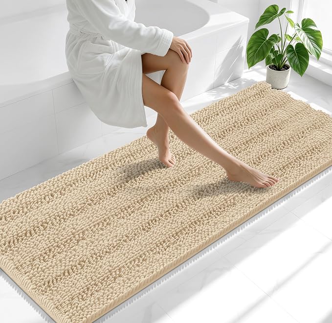 Smiry Thick Chenille Bathroom Runner Rugs 70x24, Absorbent Striped Bath Mat, Machine Washable, Rubber Backing, Extra Long Bath Rugs for Tub & Shower, Modern Home Decor Accessories, Beige