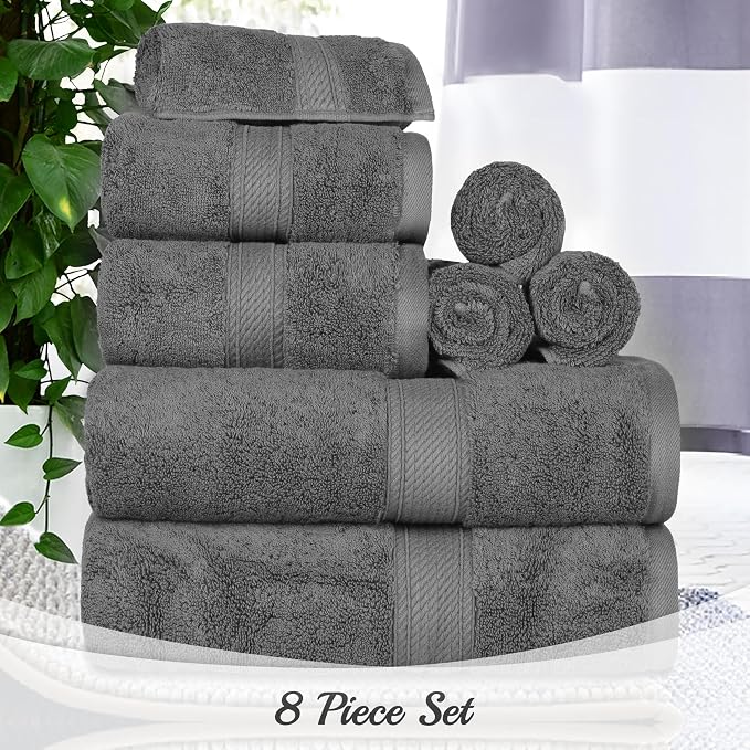 SUPERIOR Egyptian Cotton Ultra Plush & Absorbent, 8 Piece Set, Charcoal | Quick Dry, Soft Luxury Towel Set, Bath Essentials, Guest Bath, Spa, 2 Bath, 2 Hand, 4 Face Towels, Madeline Towels