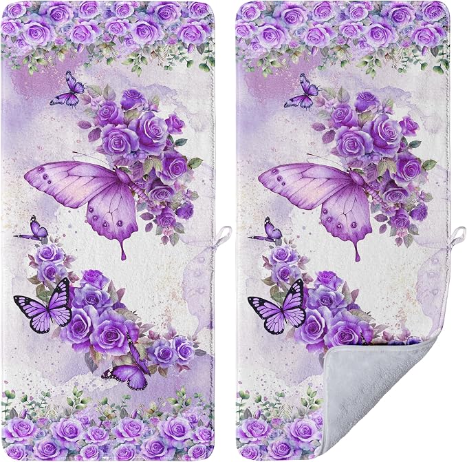 Purple Butterfly Flowers Hand Towels - Floral Decorative Coral Fleece Fingertip Towel for Home Guest Bathroom