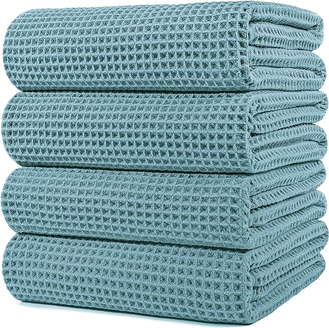 POLYTE 430 GSM Microfiber Oversize Quick Dry Lint Free Bath Towel, 60 x 30 in, 4 Pack (Waffle Weave)