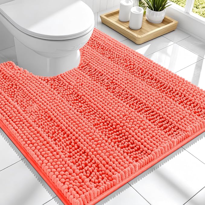 Smiry Thick Chenille Toilet Rugs U-Shaped 24x20, Extra Soft Absorbent Striped Contour Bathroom Rugs, Machine Washable, Dry Quickly, Bath Mat, Coral