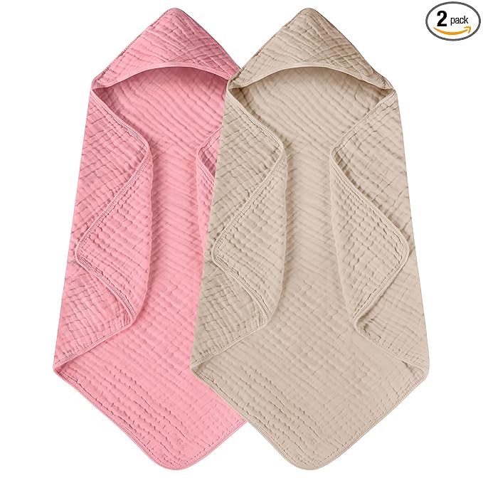 Yoofoss Hooded Baby Towels for Newborn 2 Pack 100% Muslin Organic Cotton Baby Bath Towel with Hood for Babies, Infant, Toddler and Kids, 32x32Inch, Soft and Absorbent Newborn Essential,Bge& Bean Paste