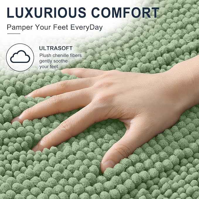 Smiry Thick Chenille Bathroom Runner Rugs 47x17, Extra Absorbent Striped Bath Mat, Machine Washable, Rubber Backing, Long Bath Rugs for Tub & Shower, Modern Home Decor Accessories, Sage Green