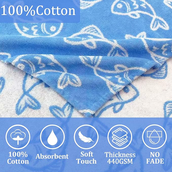 VOOVA & MOVAS Toddler Bath Towel with Hood, (0-3Years,40"X25"),Made from 100% Soft Cotton,Absorbent Hooded Towel Wrap for Baby Boy,Perfect for Pool | Swimming | Bath | Beach,Jacquard Blue Fish