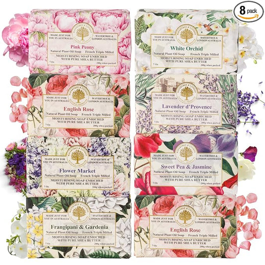 Wavertree & London Assorted Fabulous Florals Scents Natural Soap Bars (Pack of 8), 7oz Moisturizing Triple Milled Soap Bars Enriched with Shea Butter and Pure Plant Oils | All Body & Bath Soap