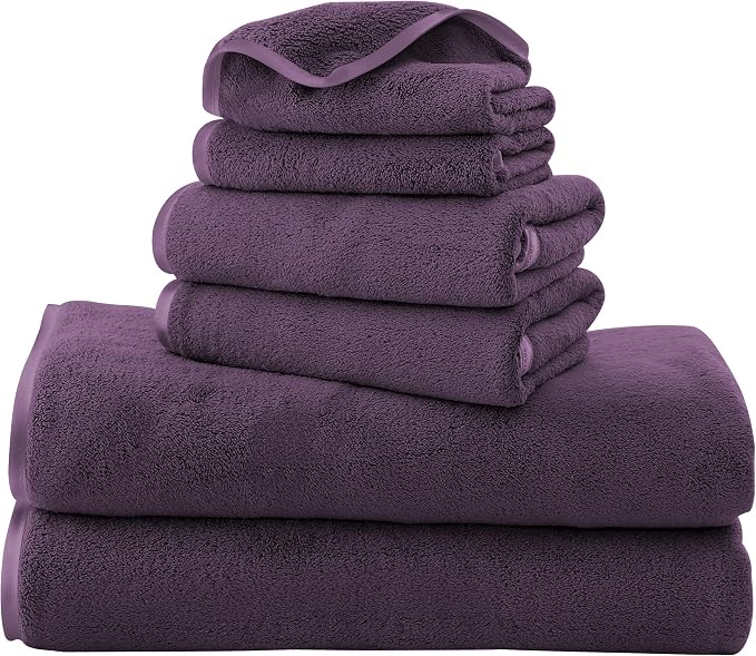 TENSTARS Luxury Silk Hemming Towel Set - Light Thin Quick Drying - 2 Bath Towels 2 Hand Towels 2 Washcloths - Ultra Soft Microfiber Towel for Bath Fitness, Sports, Yoga, Travel (Grape Purple 6 Pieces)