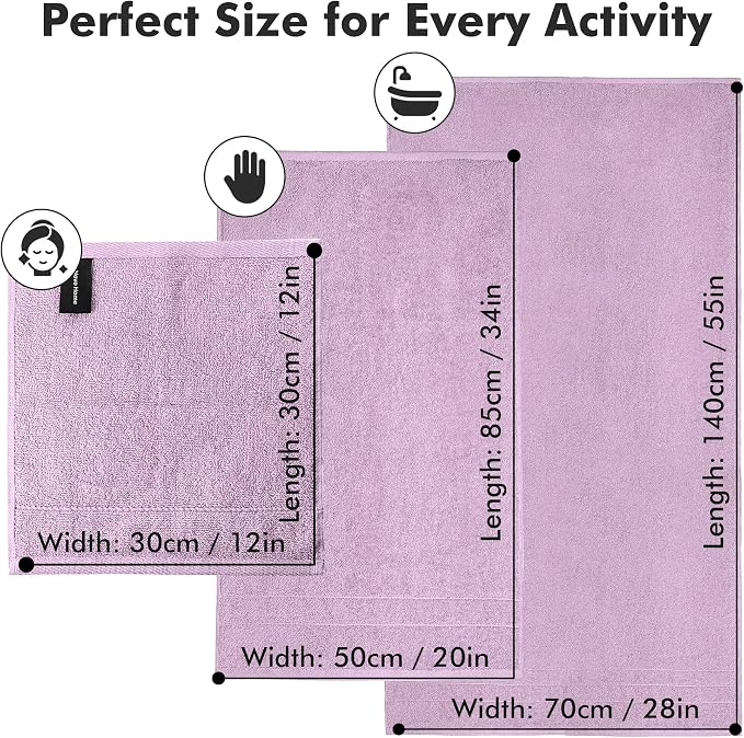 Bath Towels Set of 8 – 100% Ring Spun Cotton (Lilac) Bathroom Towel Set Bale Includes 2 Bath, 2 Hand, 4 Face Towels – 550 GSM Soft, Absorbent & Quick Dry Towel for Bathroom, Spa, Kitchen, Hotel Use