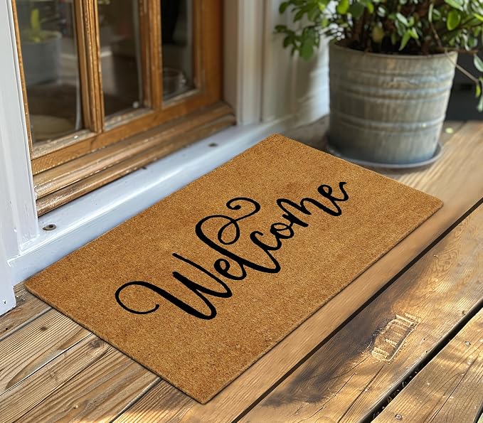 Croft&Cane Welcome Doormat – Non Slip Natural Coco Coir Door Mat - Low Profile Vinyl Backed Front Doormat - Indoor Outdoor Entryway Rug - 17 x 30 Inches