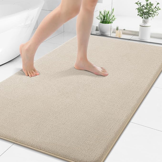 Smiry Memory Foam Bath Mat 50x30, Extra Soft Bathroom Rug, Ultra Absorbent, Quick Dry, Machine Washable Bathroom Mat for Shower, Tub & Floor Decor, Beige