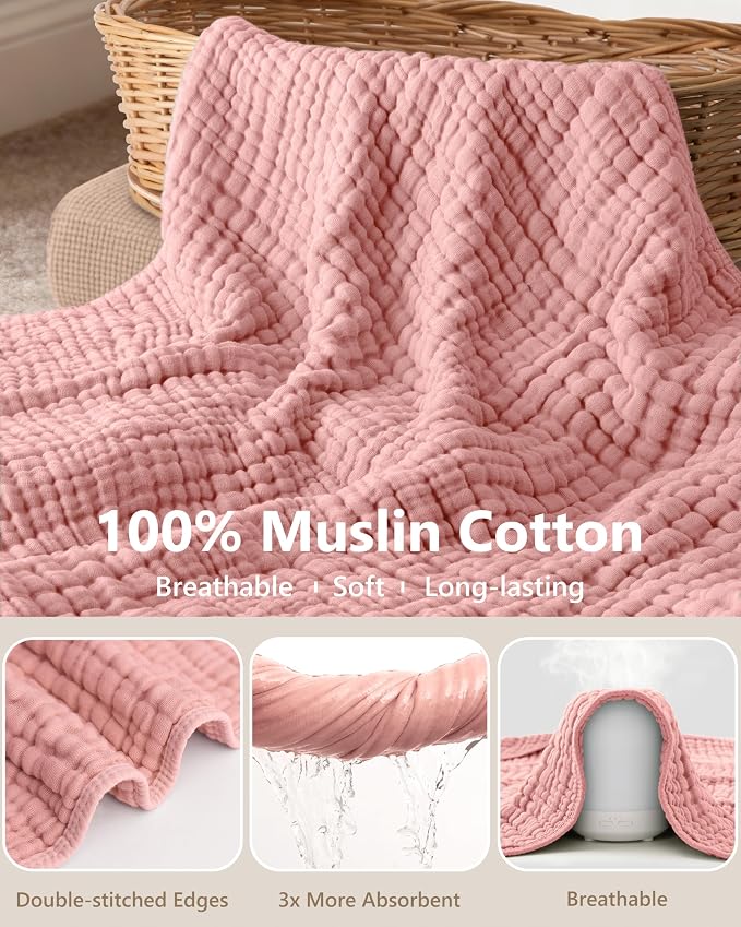 Baby Girl Bath Towels, 100% Muslin Cotton Hooded Baby Towels for Newborn, 2 Pack Baby Towels with Hood for Infant Toddler and Kids, Large 32x32Inch Essentials, Soft and Absorbent Pink Flower